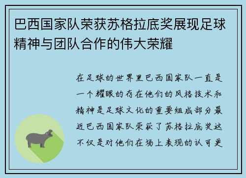 巴西国家队荣获苏格拉底奖展现足球精神与团队合作的伟大荣耀 巴西国家队荣获苏格拉底奖展现足球精神与团队合作的伟大荣耀
