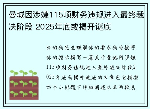 曼城因涉嫌115项财务违规进入最终裁决阶段 2025年底或揭开谜底 曼城因涉嫌115项财务违规进入最终裁决阶段 2025年底或揭开谜底