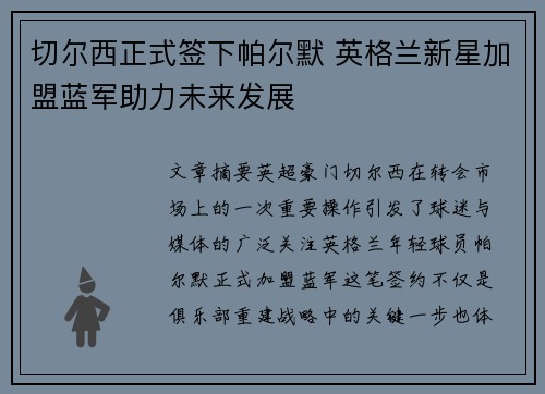 切尔西正式签下帕尔默 英格兰新星加盟蓝军助力未来发展